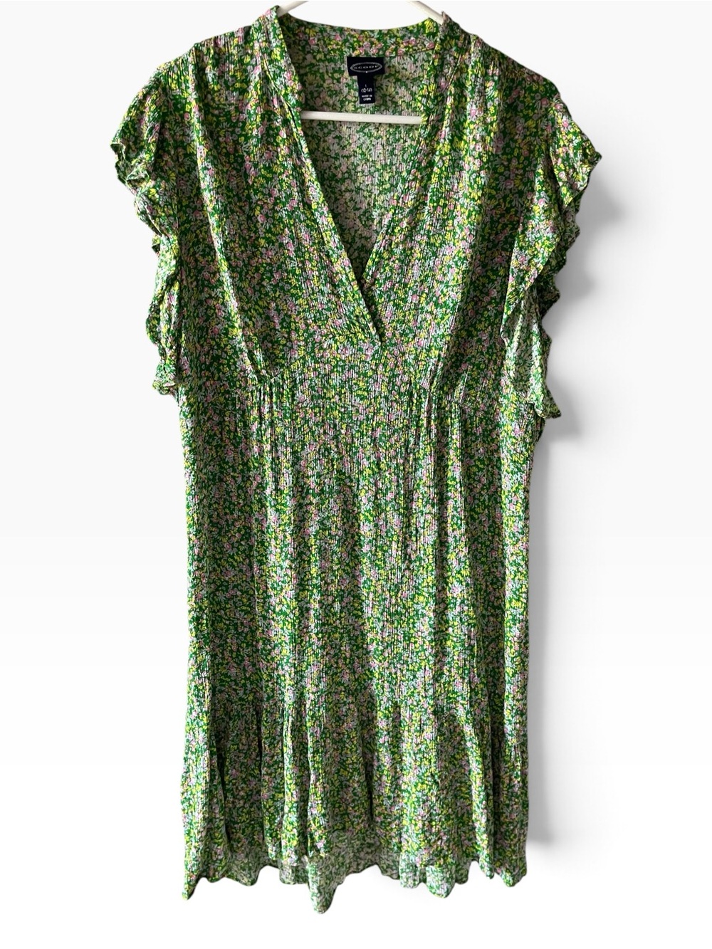 Scoop Green Floral V-Neck Women's Dress large